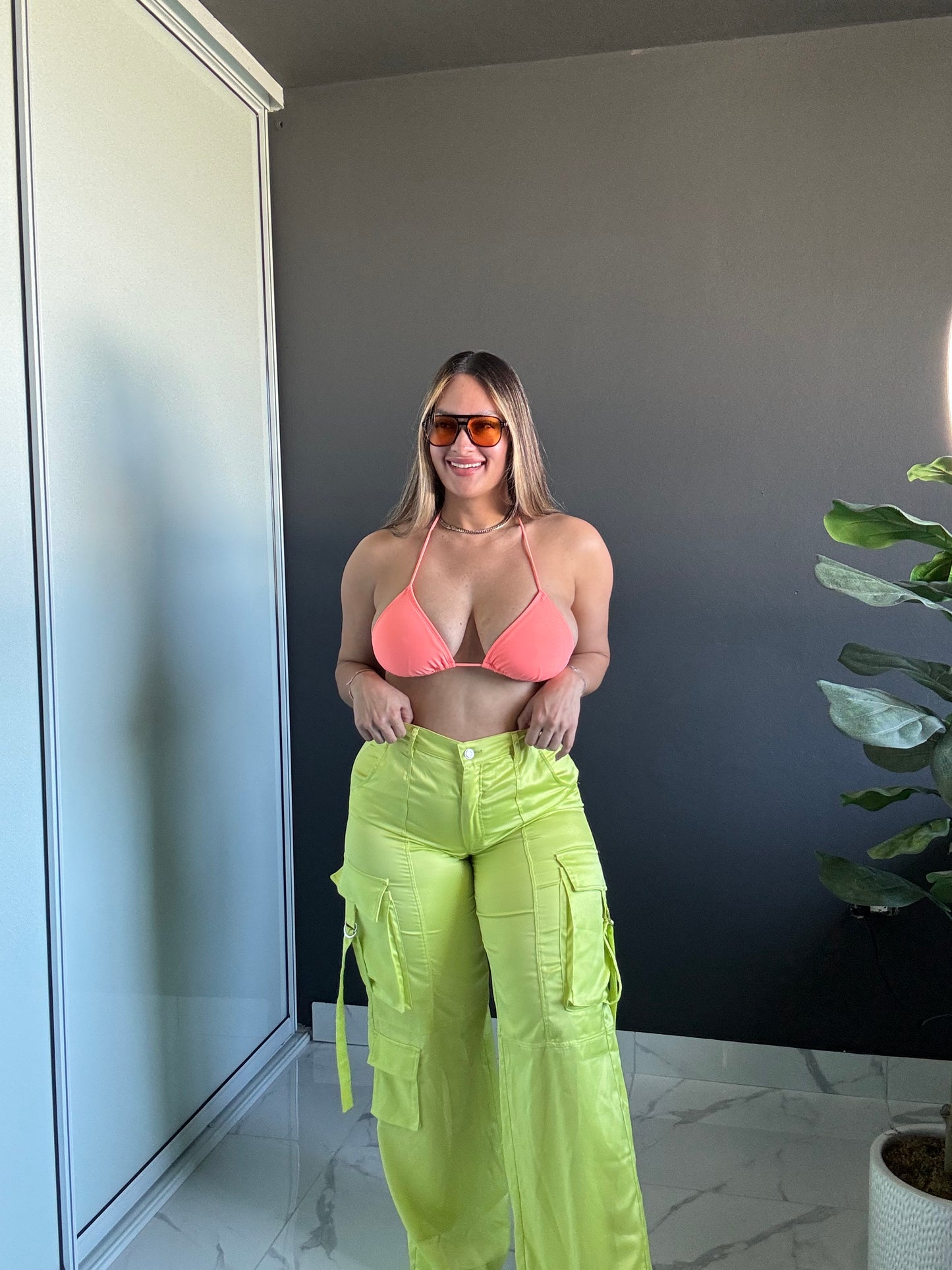 Pre-Loved Neon Satin Cargo Pants